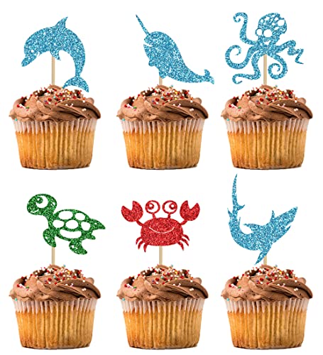 BIABISD 12 Stück Ozean Meerestiere Cupcake Topper Narwalwal Octopus Delphin Krabbe Schildkröte Thema Cupcake Topper Ozean Meerestiere Happy Birthday Party Supplies Dekorationen von BIABISD