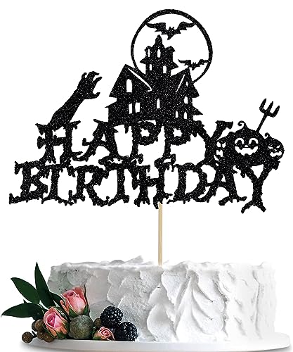 BIABISD Halloween Happy Birthday Cake Topper, Spooky Haunted House Black Glitter Cake Supplies, Halloween Birthday Party Favors von BIABISD