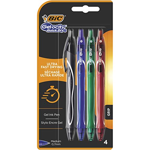 BIC Gel-ocity Quick Dry Tintenroller, Gelstifte in 4 verschiedenen Farben, Strichstärke Medium, mit gummierter Griff-Fläche von BIC