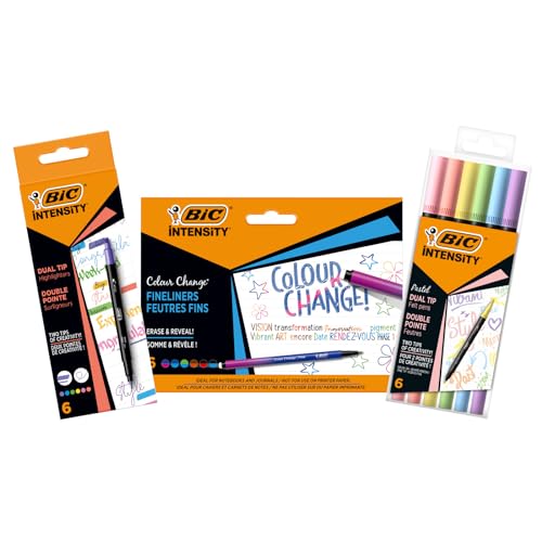 BIC Intensity Stifte Set à 18: 6 Dual Tip Brush Pen Pastell Filzstifte, 6 Fineliner 'Colour Change' und 6 Dual Tip Brush Pastell Textmarker von BIC