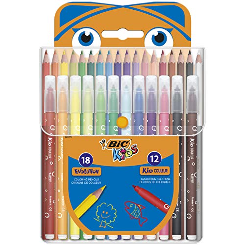 BIC Kids Buntstifte & Filzstifte Set: 18 Malstifte & 12 Fasermaler, in praktischem Katzen-Etui von BIC