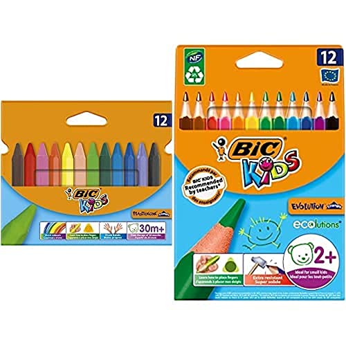 BIC Kids Dreikant-Wachsmalkreide PLASTIDECOR Triangle mit Buntstifte ECOlutions Evolution, Ergonomische Dreikant-Malstifte zum Malen in 12 Farben von BIC Kids