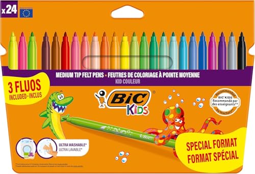 BIC Kids Filzstifte Set Kid Couleur, Fasermaler zum Malen in 24 auswaschbaren Farben, inkl. Neonfarben, im Karton Etui, ab 5 Jahre, 24 Count (Pack of 1) von BIC