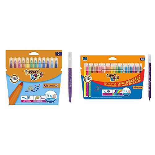 BIC Kids Fasermaler Kid Couleur XL - auswaschbare Filzstifte & Form – Ab 3 Jahren – Im Kartonetui & Fasermaler Kid Couleur - auswaschbare Filzstifte – 1 x 24 bunte Kinder Filzstifte von BIC Kids