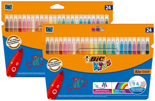 BIC Kids Filzstifte Kid Couleur, zum Malen in 24 auswaschbaren Farben, mit stabiler Spitze, im Karton Etui, ab 5 Jahre, 2x 24 Stück von BIC Kids