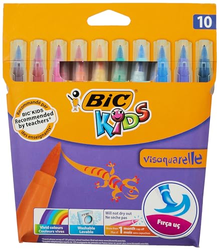 BIC Kids Filzstifte Visaquarelle, Fasermaler zum Malen in 10 auswaschbaren Farben, mit flexibler Pinselspitze, im Karton Etui, mit Austrocknungsschutz von BIC