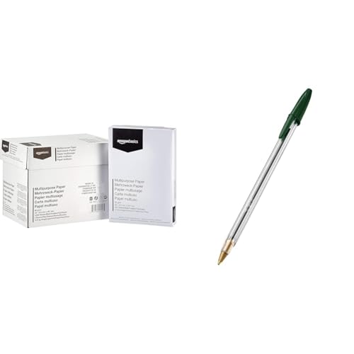 Amazon Basics - Druckerpapier, 5x500 Blatt + BIC Kugelschreiber Cristal Medium – 50 Kulis in Grün – Strichstärke 0,4 mm – Dokumentenecht von Amazon Basics