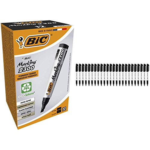 BIC 2300 Permanent Marker, 12er Set in Schwarz, Stift mit Keilspitze von 3,7 bis 5,5 mm, Für fast alle Oberflächen & AmazonBasics - Permanent Marker, Schwarz, 24er-Packung von BIC