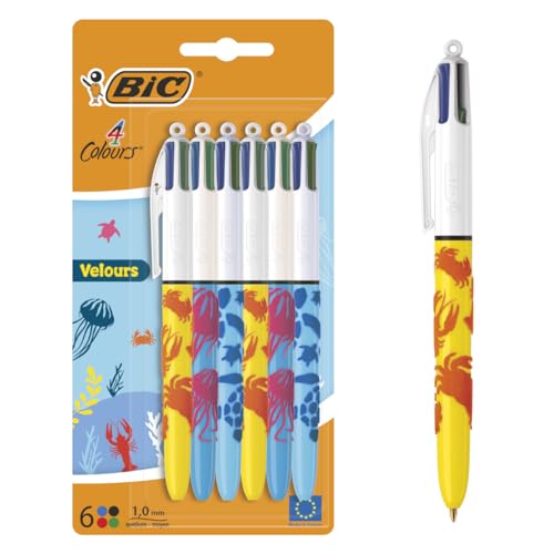 BIC 4 Farben Kugelschreiber Set 4 Colours Velours, in Meeresmotiven, 6er Pack, Ideal für das Büro, das Home Office oder die Schule von BIC
