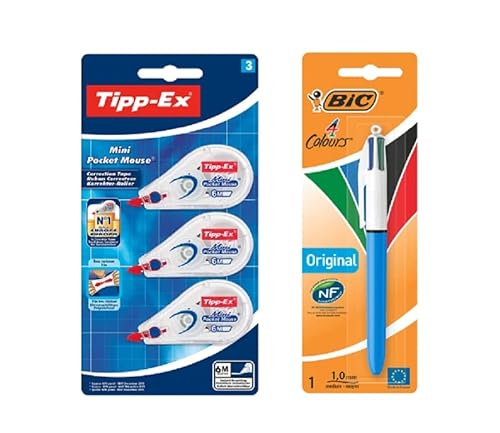 BIC 4 Farben Kugelschreiber 4 Colours Original 1er Pack & Tipp-Ex Korrekturroller Mini Pocket Mouse 3er Pack, Perfekt für das alltägliche Schreiben von BIC