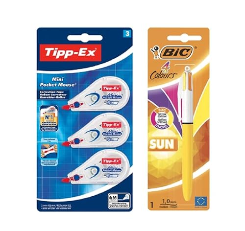 BIC 4 Farben Kugelschreiber 4 Colours Sun, Special Edition, 1er Pack & Tipp-Ex Korrekturroller Mini Pocket Mouse 3er Pack von BIC