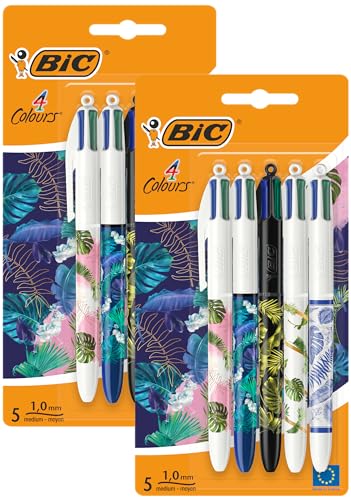 BIC 4 Farben Kugelschreiber Set 4 Colours Dekor Botanik, verschiedene Designs, 10er Pack, nachfüllbar von BIC