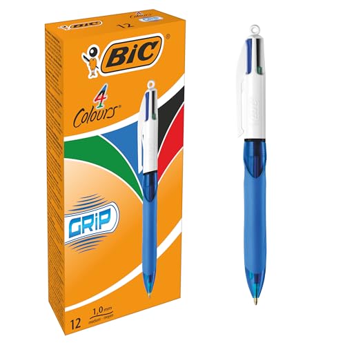 BIC 4 Farben Kugelschreiber Set 4 Colours Grip, mit gummierter Griff-Fläche, 12er Pack, Ideal für das Büro, das Home Office oder die Schule von BIC