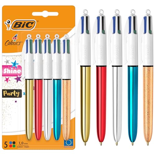 BIC 4 Farben Kugelschreiber Set 4 Colours Shine, in verschiedenen Farben, 5er Pack, Ideal für das Büro, das Home Office oder die Schule von BIC