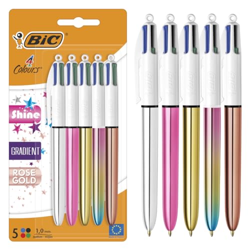 BIC 4 Farben Kugelschreiber Set 4 Colours Shine, in verschiedenen Farben, 5er Pack, Ideal für das Büro, das Home Office oder die Schule von BIC