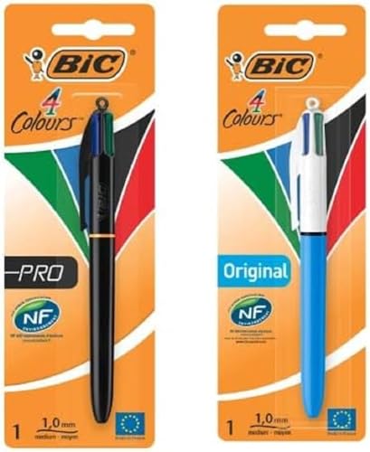 BIC 4 Farben Kugelschreiber Set: 1er Pack 4 Colours Original und 1er Pack 4 Colours Pro mit schwarzem Schaft, Ideal für das Büro, das Home Office oder die Schule von BIC