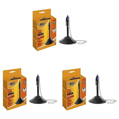 BIC 4 Farben Kugelschreiber mit Kette & Ständer 4 Colours Counter Pen, austauschbare Mienen, Ideal für das Büro, 1 Stück (3er Pack) von BIC