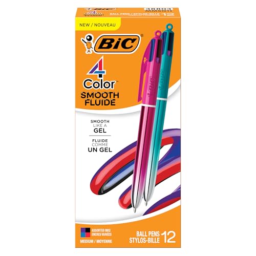 BIC 4-farbige, glatte einziehbare Kugelschreiber, mittlere Spitze (1,0 mm), 12 Stück, farbige Stifte mit langlebiger Tinte von BIC