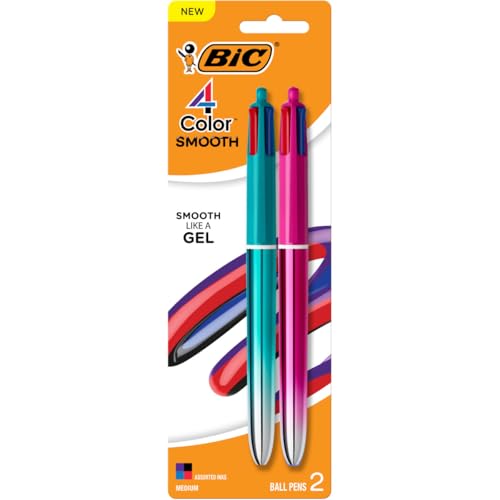 BIC 4-farbige, glatte einziehbare Kugelschreiber, mittlere Spitze (1,0 mm), 2 Stück, mehrfarbige Stifte mit Farbverlauf von BIC