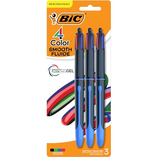 BIC 4-farbige, glatte einziehbare Kugelschreiber, mittlere Spitze (1,0 mm), 3er-Packung, farbige Stifte mit langlebiger Tinte von BIC