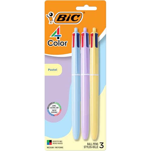 BIC 4 farbige Pastell-Kugelschreiber, mittlere Spitze (1,0 mm), verschiedene Farben, 3 Stück von BIC