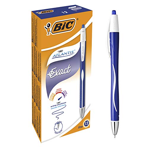 BIC 918505 Kugelschreiber Atlantis Exact, in Blau, Strichstärke 0.35 mm, nachfüllbar, 12er Pack, Ideal für das Büro, das Home Office oder die Schule von BIC