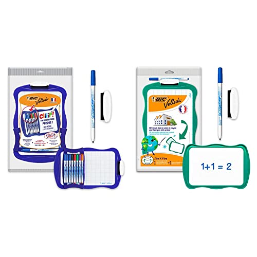 BIC 967444 Velleda Cliiip Set Whiteboard (21 x 31 cm) Wischer; 8 abwischbare Marker -10er Set & Velleda Whiteboard Set à 3: 1 Tafel (21 x 31 cm), 1 Whiteboard Marker in blau und 1 Whiteboard Schwamm von BIC