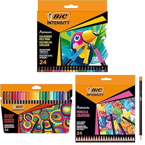 BIC Bundle Intensity Premium Filzstifte mit gummiertem Griff, 24er Set Intensity Filzstifte, 24er Set Intensity Premium Buntstifte, 24er Set zum Malen für Erwachsene und Kinder von BIC