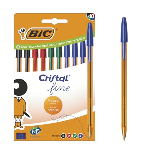 BIC Cristal Original Fine Kugelschreiber mit feiner Spitze (0,8 mm) mit durchsichtigem orangefarbenem Schaft – verschiedene Tintenfarben, Kartonschachtel à 10 von BIC