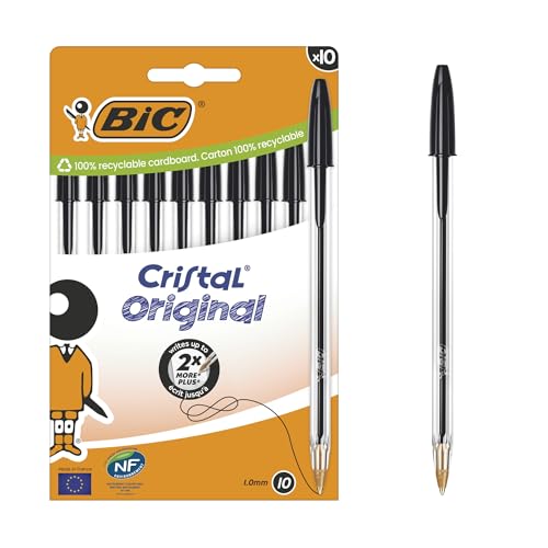 BIC Cristal Original Kugelschreiber mit mittlerer Spitze (1,00 mm), passenden Kappen und Endstücken – Schwarz, Kartonschachtel à 10 von BIC