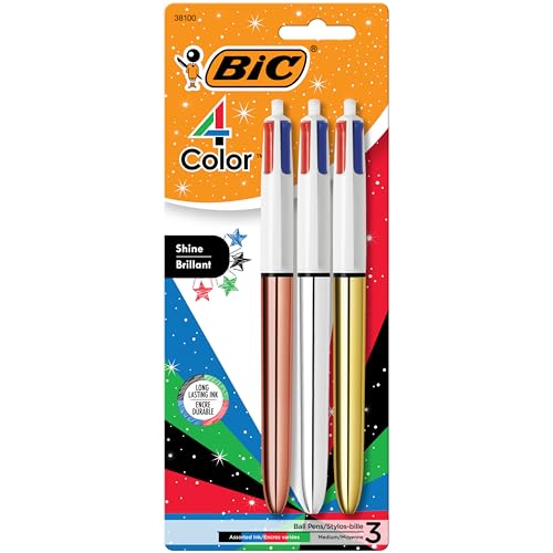 BIC Druckkugelschreiber in 4 Farben, mittlere Spitze (1,0 mm), 3 Stück, einziehbarer Kugelschreiber mit langlebiger Tinte von BIC