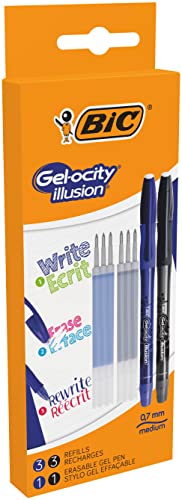 BIC Gel-ocity Illusion Tintenroller, 2 Gelstifte inkl. 6 Nachfüllpatronen, in Blau und Schwarz, Strichstärke Medium, Nachfüllbar & Löschbar von BIC