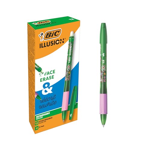 BIC Illusion Radierbare und nachfüllbare Kugelschreiber mit mittlerer Spitze (0,7 mm), grüne Tinte, 12 Stück von BIC