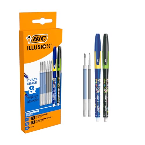 BIC Illusion Kugelschreiber, löschbar und nachfüllbar, mittlere Spitze, 0,7 mm, blaue und schwarze Tinte, Box mit 2 Kugelschreibern + 6 Ersatzminen von BIC