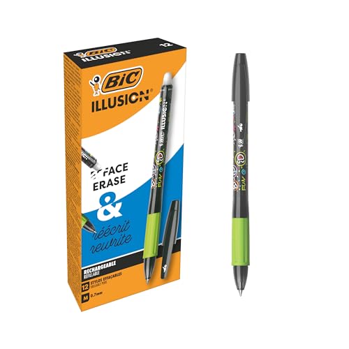 BIC Illusion radierbare und nachfüllbare Kugelschreiber, mittlere Spitze (0,7 mm), Schwarz, 12 Stück von BIC