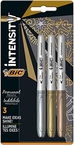 BIC Intensity Marker, in 3 verschiedenen Metallicfarben, Strichstärke: 0.8 mm, mit komfortablem Gummigriff und Austrocknungsschutz, gold/silber/bronze von BIC