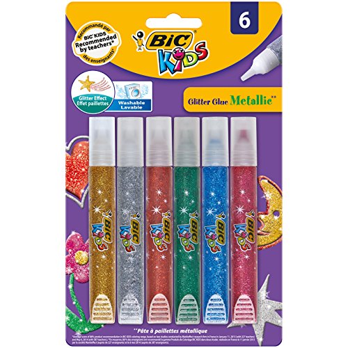 BIC KIDS Bastelkleber Glitter Glue Metallic, auf Wasserbasis, 6 Metallicfarben, Blister à 6 Stück von BIC