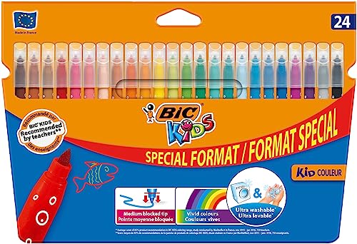 BIC Kids, Kid Couleur, waschbare Filzstifte für Kinder, ideal für Schulbedarf, robuste mittlere Spitze, leuchtende und intensive Farben, Box mit 24 Stück von BIC Kids