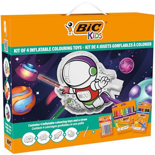 BIC Kids Aufblasbares Spielzeug Set zum Malen im Weltall Motiv: 12 Evolution Buntstifte, 12 Kid Couleur Filzstifte, 6 Glitzerkleber & 4 aufblasbare Spielzeuge von BIC