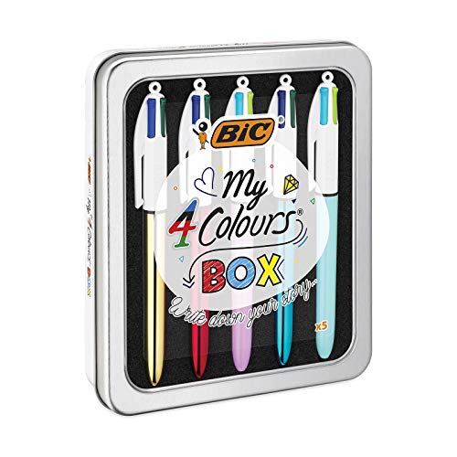 BIC 4 Farben Kugelschreiber Set 4 Colours, 5er Stifte Set in Metallbox mit 3 Colours Shine & 2 Colours Fun Stiften, Geschenkidee für Sammler, My 4 Colours Box, 1 stück (5er Pack) von BIC