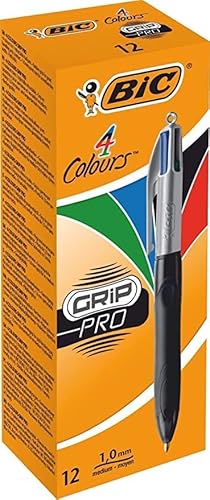 BIC 4 Farben Kugelschreiber Set 4 Colours Grip Pro, mit gummierter Griff-Fläche, 12er Pack, Ideal für das Büro, das Home Office oder die Schule von BIC