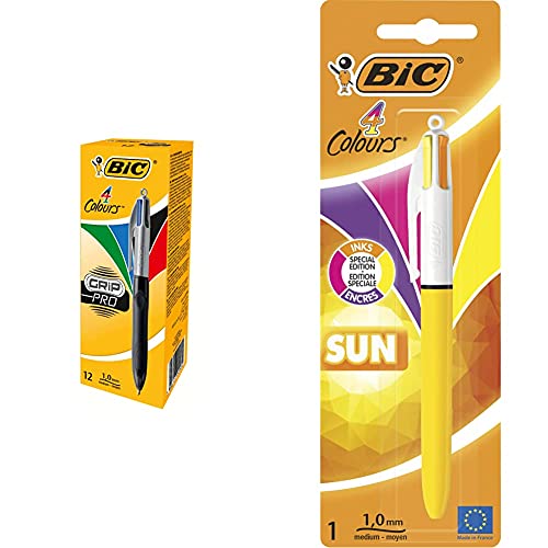 BIC Kugelschreiber 4 Colours Grip Pro mit gummierter Griff-Fläche, 12er Pack & 949898 4 Colours Sun 4-Farb-Druckkugelschreiber (1 mm Blister À) 1 Stück von BIC