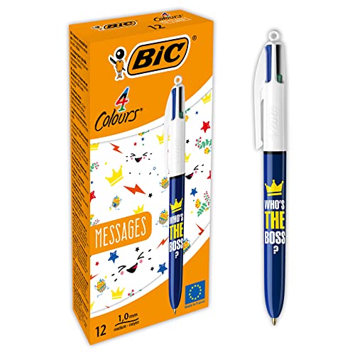 BIC Kugelschreiber, mittlere Spitze (1,0 mm), Motiv "Who's The Boss", 4 Farben, 12 Stück von BIC