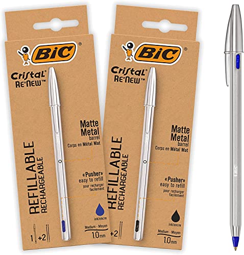 BIC Kugelschreiber Cristal Re'New Metall, 2 hochwertige, nachfüllbare Stifte, nachhaltig, in Blau und Schwarz mit je 2 Ersatzminen, Ideal für das Büro und Home Office von BIC