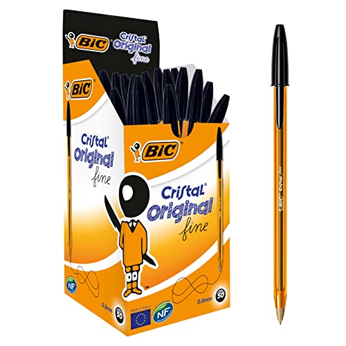 BIC Kugelschreiber Cristal fine – 50 Kulis in Schwarz – Strichstärke: 0,35mm / Kugeldurchmesser: 0,8mm - fein – Dokumentenecht von BIC