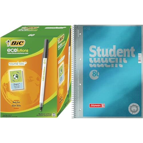 BIC Kugelschreiber ECOlutions Round Stic, in Schwarz & Brunnen 1067147 Notizblock/Collegeblock Dotted Premium Deckblatt, 5 Stück cyan-metallic von BIC