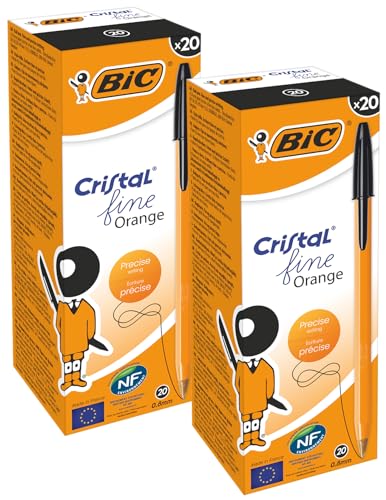 BIC Kugelschreiber Orange fine/ 40 Kulis in Schwarz – Strichstärke 0,35 mm - fein – Dokumentenecht | 40er Pack von BIC