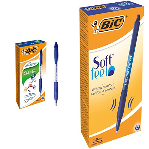 BIC Kugelschreiber Set Atlantis Classic, in Blau, Strichstärke 0,4 mm, nachfüllbar, 12er Pack & Kugelschreiber Set Soft Feel Grip, in Blau, Strichstärke 0,4 mm, 12er Pack von BIC