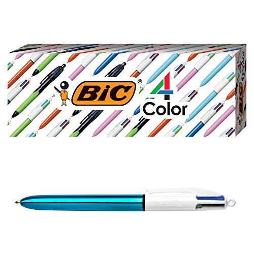 BIC Kugelschreiber mit 4-farbigem Griff, blauer Schaft, mittlere Spitze (1 mm), verschiedene Tinten, 3 Stück von BIC