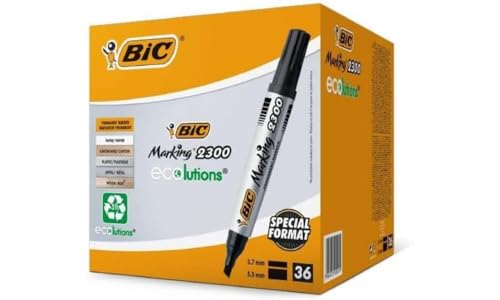 BIC Marking 2300 Permanent Marker, in Schwarz, Wasserfester Stift auch für Karton, Glas und Kunststoff, mit Keilspitze, 36er Pack von BIC